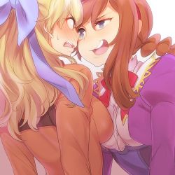 Rule 34 | 2girls, :d, annoyed, belt, blonde hair, blue bow, blue eyes, blush, bow, bowtie, braid, breasts, brown hair, corset, dress, embarrassed, eye contact, face-to-face, fang, female focus, full-face blush, hair between eyes, hair bow, hairband, imminent kiss, large breasts, lips, long hair, long sleeves, looking at another, maya schrodinger, medium breasts, multiple girls, naso4, open mouth, orange dress, puffy long sleeves, puffy sleeves, purple dress, red bow, red hairband, red neckwear, round teeth, shy, simple background, smile, smirk, teeth, upper body, virginia maxwell, white background, wild arms, wild arms 3, yellow eyes, yuri