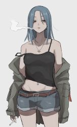 Rule 34 | 1girl, absurdres, bare shoulders, black shirt, blouse, blue eyes, blue hair, blue shorts, cigarette, collarbone, cowboy shot, denim, denim shorts, facing viewer, half-closed eyes, highres, holding, holding cigarette, jacket, jacket partially removed, jewelry, lipstick, long hair, looking to the side, makeup, midriff, navel piercing, necklace, original, parted bangs, parted lips, piercing, shirt, shorts, simple background, sleeves past fingers, sleeves past wrists, smoke trail, solo, standing, stomach, strap slip, tabao, undershirt, white background
