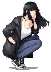 Rule 34 | 1girl, absurdres, black hair, black jacket, blunt bangs, breasts, casual, cleavage, closed mouth, converse, denim, full body, grey eyes, hand in pocket, hand on own cheek, hand on own face, highres, jacket, jeans, large breasts, long hair, looking at viewer, lynus, naoko-san, original, pants, shirt, shoes, simple background, sneakers, solo, squatting, tank top, white background, white shirt