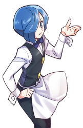 Rule 34 | 1boy, apron, black pants, black vest, blue bow, blue bowtie, blue hair, bow, bowtie, closed mouth, commentary request, creatures (company), cress (pokemon), game freak, grey eyes, gym leader, hair over one eye, hand up, light smile, long sleeves, male focus, momoji (lobolobo2010), nintendo, pants, pokemon, pokemon bw, shirt, simple background, solo, traditional bowtie, vest, waist apron, white apron, white background, white shirt