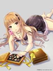 Rule 34 | 1girl, black dress, box, box of chocolates, brown eyes, brown hair, chocolate, dress, gift, gift box, glass, himehara tsubasa, holding, ilog, jewelry, long hair, looking at viewer, lots of jewelry, lying, necklace, occhan (11715), official art, on stomach, parted lips, solo