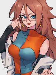 Rule 34 | 1girl, android 21, black nails, blue eyes, breasts, checkered clothes, checkered dress, dragon ball, dragon ball fighterz, dress, earrings, fingernails, glasses, grey background, hair between eyes, hoop earrings, jewelry, kemachiku, lab coat, long hair, looking at viewer, medium breasts, nail polish, red hair, simple background, solo, upper body