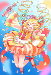 Rule 34 | 1girl, ;d, ankle bow, ankle ribbon, apron, blonde hair, blush, bow, bubble skirt, bun cover, cure yum-yum, cure yum-yum (party up style), delicious party precure, drill hair, flower brooch, footwear bow, full body, hanamichi ran, head wreath, highres, leg ribbon, long hair, magical girl, mem-mem (precure), one eye closed, open mouth, orange footwear, petals, precure, red eyes, ribbon, skirt, smile, solo, tassel, ton (ton39342104), twin drills, white stripes, wide sleeves