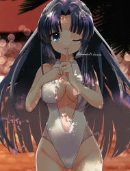Rule 34 | 1girl, ;d, asakura ryouko, bare shoulders, blue eyes, blue hair, blurry, bokeh, breasts, casual one-piece swimsuit, commentary, cowboy shot, depth of field, dusk, finger to mouth, groin, hands up, highleg, highleg swimsuit, highres, index finger raised, kuuma25 kuma, lace, lace-trimmed swimsuit, lace trim, large breasts, long hair, looking at viewer, navel, one-piece swimsuit, one eye closed, open mouth, outdoors, parted bangs, shadow, shushing, smile, solo, standing, suzumiya haruhi no yuuutsu, swimsuit, thick eyebrows, twitter username, very long hair, white one-piece swimsuit