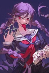 Rule 34 | 1girl, absurdres, blood, bloody weapon, book, braid, chinese commentary, collarbone, commentary request, cowboy shot, crazy smile, danganronpa: trigger happy havoc, danganronpa (series), fangs, floating hair, fukawa toko, genocider shou, glasses, hand up, highres, holding, holding book, holding scissors, jacket, long hair, long sleeves, looking at viewer, neckerchief, procreate (medium), purple background, purple blood, purple hair, purple jacket, purple skirt, red eyes, red neckerchief, round eyewear, sailor collar, school uniform, scissors, serafuku, simple background, skirt, slit pupils, smile, solo, standing, stylized blood, tongue, tongue out, twin braids, weapon, yi zhen gui mu