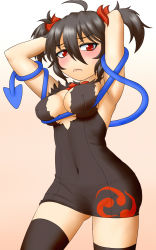 Rule 34 | 1girl, adapted costume, ahoge, armpits, arms up, asymmetrical wings, black dress, black hair, black thighhighs, blush, bow, breast lift, breasts, cleavage, cleavage cutout, clothing cutout, cosplay, covered navel, dress, dsk, dungeon ni deai wo motomeru no wa machigatteiru darou ka, female focus, hair ribbon, hestia (danmachi), hestia (danmachi) (cosplay), houjuu nue, large breasts, looking at viewer, no bra, parody, red eyes, rei no himo, ribbon, short dress, short twintails, sleeveless, sleeveless dress, solo, thighhighs, touhou, twintails, wings, zettai ryouiki