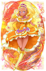 Rule 34 | 1girl, amamiya elena, blonde hair, boots, circlet, closed mouth, cure soleil, dress, earrings, fire, frilled dress, frills, full body, hair ornament, hanzou, highres, jewelry, knee boots, long hair, looking at viewer, magical girl, mole, mole under eye, orange background, orange dress, precure, purple eyes, smile, solo, star (symbol), star hair ornament, star twinkle precure, tan, wrist cuffs, yellow footwear