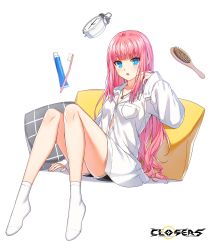 Rule 34 | 1girl, :o, alarm clock, bare legs, black shorts, blue eyes, breast pocket, clock, closers, collarbone, collared shirt, full body, hair brush, hand up, highres, jewelry, knees up, long hair, long sleeves, looking at viewer, necklace, official art, open mouth, partially unbuttoned, pillow, pink hair, pocket, seulbi lee, shirt, short shorts, shorts, sitting, socks, solo, thighs, toothbrush, toothpaste, very long hair, white shirt, white socks