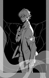 Rule 34 | 1boy, aechmea (houseki no kuni), armband, belt, border, closed mouth, collared shirt, cowboy shot, formal, from side, glint, greyscale, hand up, holding, houseki no kuni, jacket, long sleeves, looking at viewer, looking to the side, male focus, monochrome, necktie, outside border, pants, ribbon, safety pin, saiko67, see-through, shirt, solo, suit