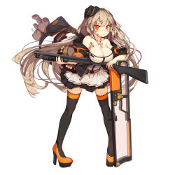 Rule 34 | 1girl, :o, ahoge, armpit peek, bag, belt, black hat, black thighhighs, blush, body writing, breasts, buckle, character name, cleavage, cross, cross necklace, elbow rest, floating hair, full body, girls&#039; frontline, gun, hair between eyes, hair ornament, hairclip, hanging breasts, hat, high heels, holding, holding gun, holding weapon, ithaca m37, jacket, jewelry, large breasts, long hair, looking at viewer, m37 (girls&#039; frontline), necklace, off shoulder, official art, open clothes, open jacket, open mouth, paw print, paw print pattern, platform footwear, platform heels, pleated skirt, pump action, pumps, rain lan, red eyes, shield, shotgun, shotgun shell, sidelocks, simple background, skirt, solo, standing, strap, stuffed animal, stuffed toy, teddy bear, thighhighs, unzipped, weapon, white background, zipper, zipper pull tab