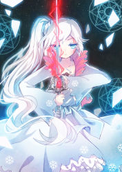 Rule 34 | 1girl, blood, blue eyes, broken glass, dress, earrings, emia wang, frills, glass, jacket, jewelry, long hair, magic circle, necklace, ponytail, rapier, rwby, scar, side ponytail, snowflakes, solo, star (sky), sword, very long hair, weapon, weiss schnee, white dress, white hair
