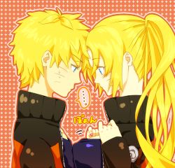 Rule 34 | ..., 1boy, 1girl, asymmetrical docking, bad id, bad pixiv id, black jacket, blonde hair, blue eyes, blush, breast on chest, breast press, breasts, closed mouth, dual persona, embarrassed, facial mark, facing another, from side, genderswap, genderswap (mtf), hands up, jacket, kimidake, large breasts, long hair, long sleeves, looking at another, looking down, multicolored clothes, multicolored jacket, naruko (naruto), naruto, naruto (series), naruto shippuuden, open clothes, open jacket, orange jacket, sexy no jutsu, short hair, speech bubble, sweat, sweatdrop, twintails, upper body, uzumaki naruto, whisker markings, whiskers