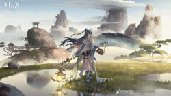 Rule 34 | 1girl, arknights, bare legs, black gloves, black shorts, blue eyes, blue hair, boots, braid, breasts, company name, copyright name, day, detached collar, dragon, dragon girl, dragon horns, dragon tail, earrings, elbow gloves, full body, gazebo, gloves, gourd, grass, han yijie, highres, horns, jewelry, knee boots, lantern, large breasts, ling (arknights), long hair, looking away, looking to the side, mountain, necktie, official art, outdoors, parted lips, pointy ears, puddle, reflection, short shorts, shorts, smile, solo, staff, standing, tail, thigh strap, underbust, very long hair, water, white footwear, yellow necktie