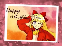 Rule 34 | 1girl, ;), absurdres, aino minako, arm up, bishoujo senshi sailor moon, blue eyes, bow, cardigan, commentary, english commentary, english text, fleetflee, happy birthday, highres, one eye closed, photo (object), red cardigan, shirt, signature, smile, solo, v