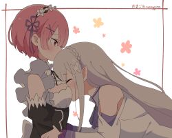 2girls between_breasts breasts commentary_request emilia_(re:zero) face_between_breasts hair_ornament head_between_breasts highres maid multiple_girls pink_hair ram_(re:zero) re:zero_kara_hajimeru_isekai_seikatsu sunegg1112 white_hair x_hair_ornament yuri