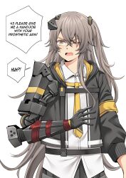 Rule 34 | 1girl, brown hair, collared shirt, commentary, english commentary, english text, girls&#039; frontline, hair ornament, highres, hood, hooded jacket, jacket, long hair, mechanical arms, necktie, one eye closed, one side up, open clothes, open jacket, open mouth, prosthesis, prosthetic arm, scar, scar across eye, shirt, simple background, single mechanical arm, speech bubble, springveiv, ump45 (girls&#039; frontline), ump45 (mod3) (girls&#039; frontline), upper body, white background, white shirt, yellow eyes, yellow necktie