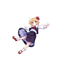 Rule 34 | 1girl, ascot, black skirt, black vest, blonde hair, closed mouth, full body, game cg, hair ribbon, highres, long sleeves, looking at viewer, outstretched arms, red ascot, red eyes, red footwear, red ribbon, ribbon, rotte (1109), rumia, shirt, short hair, simple background, skirt, smile, socks, solo, third-party source, touhou, touhou lostword, vest, white background, white shirt, white socks