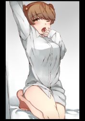 Rule 34 | 10s, 1girl, alisa (girls und panzer), arm up, barefoot, bed sheet, black outline, blush, brown eyes, brown hair, commentary, dress shirt, freckles, girls und panzer, hair ornament, half-closed eye, hand to own mouth, highres, iw (iw26586381), kneeling, legs, light blush, long sleeves, looking at viewer, no pants, on bed, one eye closed, open mouth, outline, shirt, short hair, short twintails, solo, star (symbol), star hair ornament, twintails, white shirt, yawning