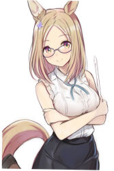 Rule 34 | 1girl, alternate costume, animal ears, bespectacled, black skirt, blonde hair, blue ribbon, brown eyes, ear covers, glasses, holding, holding pointer, horse ears, horse girl, horse tail, leg up, looking at viewer, nannacy7, narita top road (umamusume), neck ribbon, pointer, ribbon, shirt, short hair, simple background, single ear cover, skirt, sleeveless, sleeveless shirt, smile, solo, tail, umamusume, white background, white shirt