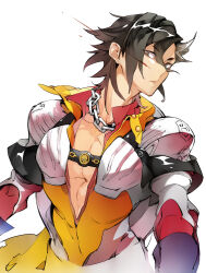 Rule 34 | 1boy, black hair, chain, chain necklace, fate/grand order, fate (series), grey eyes, hair between eyes, jewelry, kotobuki toro, male focus, mandricardo (fate), multicolored hair, necklace, pectoral cleavage, pectorals, short hair, shoulder plates, simple background, solo, streaked hair, white background, white hair