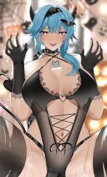 Rule 34 | 1girl, :d, absurdres, bad id, bad pixiv id, bat hair ornament, black gloves, black hairband, black ribbon, blue hair, blurry, blurry background, breasts, brown leotard, chain, claw pose, collar, depth of field, eula (genshin impact), genshin impact, gloves, hair ornament, hairband, halloween, halloween costume, hands up, heart, heart-shaped pupils, highres, horns, huge breasts, leotard, lock, long hair, looking at viewer, nails visible through gloves, navel, nvl, open mouth, padlock, padlocked collar, ribbon, smile, solo, spiked collar, spikes, sweat, symbol-shaped pupils, thighhighs, torn clothes, torn thighhighs