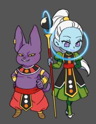 Rule 34 | 10s, 1boy, 1girl, arm behind back, champa (dragon ball), colored sclera, dragon ball, dragon ball super, dress, egyptian clothes, grey background, grin, hachibani, hands on own hips, high heels, high ponytail, long hair, looking at viewer, lowres, purple eyes, shoes, simple background, smile, staff, vados (dragon ball), white footwear, white hair, wristband, yellow sclera