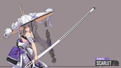 Rule 34 | 1girl, arm up, armor, blade, breasts, character name, clothing cutout, from side, goddess of victory: nikke, grey background, grey hair, hat, highres, holding, holding clothes, holding hat, holding weapon, japanese armor, jingasa, jnxc, large hat, leotard, long hair, looking at viewer, medium breasts, nose, scarlet (nikke), sheath, sheathed, shoulder armor, sode, solo, sword, weapon, white leotard, yellow eyes