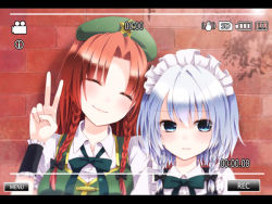 Rule 34 | 2girls, apron, beret, blouse, blue dress, blue eyes, blush, braid, brick wall, chinese clothes, chitose (usacan), closed eyes, dress, green hat, hair between eyes, hair ribbon, hat, height difference, hong meiling, izayoi sakuya, long hair, looking to the side, maid, maid apron, maid headdress, multiple girls, outdoors, own hands together, parted bangs, pinafore dress, pov, puffy short sleeves, puffy sleeves, recording, red hair, ribbon, shirt, short hair, short sleeves, shy, silver hair, skirt, skirt set, sleeveless, sleeveless dress, smile, star (symbol), table, tangzhuang, touhou, tress ribbon, twin braids, v, v arms, white shirt, wrist cuffs