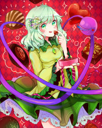 Rule 34 | 1girl, bad id, bad pixiv id, candy, chocolate, chocolate heart, commentary request, flower, food, green eyes, hair flower, hair ornament, happy valentine, heart, highres, komeiji koishi, licking lips, long hair, long sleeves, looking at viewer, ribbon, rosette (roze-ko), shirt, silver hair, skirt, smile, solo, thighs, third eye, tongue, tongue out, touhou, wide sleeves