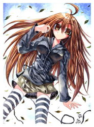 Rule 34 | 1girl, ahoge, blush, breasts, brown eyes, brown hair, earbuds, earphones, emperpep, female focus, long hair, painting (medium), skirt, solo, striped clothes, striped thighhighs, thighhighs, traditional media, watercolor (medium), white background, zettai ryouiki