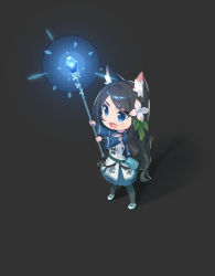 Rule 34 | 1girl, aina (mao lian), animal ear fluff, animal ears, black camisole, black hair, blue eyes, camisole, cat ears, cat tail, chibi, choker, flower, glowing, hair flower, hair ornament, highres, holding, holding staff, lifted by tail, mao lian (nekokao), open mouth, original, simple background, solo, staff, swept bangs, tail