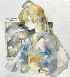 Rule 34 | 1boy, ahoge, blonde hair, blue shirt, cape, closed mouth, dated, facing to the side, final fantasy, final fantasy tactics, genpai39, grey cape, hair between eyes, highres, long hair, long sleeves, male focus, ponytail, ramza beoulve, shirt, solo, traditional media, twitter username, upper body
