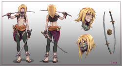 Rule 34 | 1girl, bare shoulders, black gloves, blonde hair, bottle, breasts, brown pants, coin, d-rex, fake teeth, female focus, fingerless gloves, full body, gloves, gradient background, hair between eyes, hand up, holding, holding sword, holding weapon, katana, large breasts, licking, licking weapon, long hair, mask, mouth mask, multiple views, navel, original, pants, rope, sharp teeth, smile, stomach, sword, teeth, tiger mask (object), water bottle, weapon