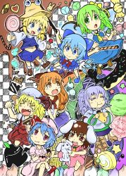 Rule 34 | &gt; &lt;, 6+girls, :3, :d, animal ears, barefoot, bat wings, blonde hair, blue dress, blue eyes, blue hair, blue ribbon, bow, brown eyes, brown hair, cake, candy, candy cane, carrot, carrot necklace, checkerboard cookie, checkered background, chibi, chocolate, chocolate bar, cirno, cookie, crossed legs, crystal, cup, daiyousei, doughnut, dress, eating, closed eyes, fairy wings, fang, flandre scarlet, food, fork, green hair, hair bow, hair ribbon, hat, hat ribbon, highres, holding, holding fork, horn ornament, horn ribbon, horns, ibuki suika, ice, ice cream, ice cream cone, ice wings, inaba tewi, japanese clothes, jewelry, kariginu, lollipop, long sleeves, looking at viewer, looking up, mob cap, mononobe no futo, moriya suwako, multiple girls, necklace, oni, open mouth, orange hair, otsu kinoto, pendant, pink dress, pocky, ponytail, pudding, puffy short sleeves, puffy sleeves, purple hair, rabbit, rabbit ears, red bow, red eyes, red ribbon, remilia scarlet, ribbon, shirt, short hair, short sleeves, side ponytail, sitting, skirt, skirt set, sleeveless, sleeveless shirt, smile, standing, sweets, swirl lollipop, swiss roll, tate eboshi, tearing up, touhou, wide sleeves, wings