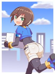Rule 34 | 1girl, aile (mega man zx), ass, backboob, blush, bodysuit, boots, breasts, brown hair, capcom, carrying, city, cougar (cougar1404), day, fingerless gloves, from behind, gloves, green eyes, hair between eyes, layered sleeves, long sleeves, looking at viewer, looking back, mega man (series), mega man zx, open mouth, outdoors, pantyhose, pantyhose under shorts, running, shiny clothes, short hair, short over long sleeves, short shorts, short sleeves, shorts, smile, solo