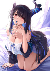 Rule 34 | 1girl, asymmetrical horns, black hair, blue hair, blue nails, blush, breasts, cleavage, colored inner hair, curry bowl, demon horns, hair ornament, highres, hololive, hololive english, horns, kneeling, large breasts, long hair, looking at viewer, mole, mole under eye, multicolored hair, nail polish, nerissa ravencroft, nightgown, red eyes, solo, two-tone hair, underwear, virtual youtuber, white nightgown