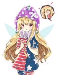 Rule 34 | 2girls, american flag dress, american flag legwear, american flag print, american flag shirt, bad id, bad twitter id, bandaid, blonde hair, blood, blush, cheunes, closed eyes, clownpiece, covering nose, covering own mouth, dress, fairy wings, full-face blush, hat, highres, jester cap, junko (touhou), long hair, multiple girls, neck ruff, nosebleed, pantyhose, print shirt, red eyes, short dress, striped clothes, striped pantyhose, tears, torn clothes, torn legwear, touhou, very long hair, wings