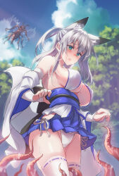 Rule 34 | 1girl, animal ears, aqua eyes, blue skirt, breasts, bug, cleavage, clothing cutout, detached sleeves, forest, fox ears, fox girl, fox tail, large breasts, miniskirt, nature, nontraditional miko, original, panties, pleated skirt, revealing clothes, ribbon-trimmed thighhighs, ribbon trim, sawaya (mizukazu), side-tie panties, sideboob, skirt, standing, tail, tentacles, thighhighs, underwear, white hair, wide sleeves