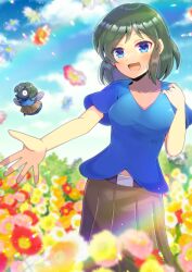 Rule 34 | 1girl, :d, blue eyes, blue shirt, blue sky, blurry, blurry background, blurry foreground, breasts, brown skirt, cloud, cloudy sky, collarbone, commentary request, commission, day, depth of field, field, flower, flower field, green hair, hand up, kou hiyoyo, medium breasts, open mouth, original, outdoors, pink flower, pleated skirt, puffy short sleeves, puffy sleeves, red flower, shirt, short sleeves, skeb commission, skirt, sky, smile, white flower, yellow flower