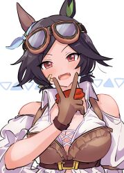 Rule 34 | 1girl, animal ears, bandages, bandana, bare shoulders, belt, black hair, blush, breasts, brown gloves, cleavage, clothing cutout, collared shirt, crossed bandaids, dot nose, fangs, gloves, goggles, goggles on head, hand up, highres, horse ears, kamaboco (kayada), large breasts, looking at viewer, open mouth, red eyes, shirt, short hair, short twintails, shoulder cutout, solo, twintails, umamusume, upper body, v-shaped eyebrows, v over mouth, white background, white shirt, winning ticket (dream deliverer) (umamusume), winning ticket (umamusume)