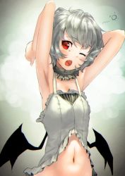 Rule 34 | 1girl, armpits, arms up, babydoll, bat wings, blush, fangs, gradient background, looking at viewer, midriff, navel, one eye closed, open mouth, polpol, red eyes, remilia scarlet, short hair, silver hair, sleeveless, solo, stretching, tears, touhou, upper body, wings, yawning