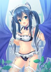 Rule 34 | 1girl, :d, aimori meguru, animal ears, bikini, blue eyes, blue hair, blurry, blush, bow, bowtie, bra, breasts, cat ears, cat tail, cleavage, cowboy shot, curtain grab, curtains, depth of field, detached collar, floral print, frilled panties, frills, garter belt, gem, hair between eyes, hair ornament, hairclip, head tilt, highres, leaf, long hair, looking at viewer, maid, maid bikini, maid headdress, matching hair/eyes, md5 mismatch, medium breasts, navel, open mouth, original, panties, plant, resolution mismatch, ribbon-trimmed bra, ribbon trim, rose print, sidelocks, smile, solo, source larger, sparkle, stomach, swimsuit, tail, thighhighs, twintails, unconventional maid, underwear, underwear only, white thighhighs, wrist cuffs