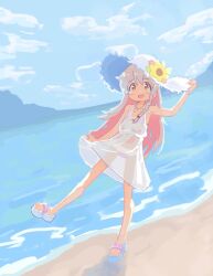 Rule 34 | 1girl, :d, bare legs, beach, bikini, bikini under clothes, braid, brown eyes, colored inner hair, commentary, cross, cross necklace, day, dress, flip-flops, flower, full body, grey hair, gustavo schuler, hand on headwear, hat, hat flower, jewelry, long hair, looking at viewer, multicolored hair, necklace, onii-chan wa oshimai!, open mouth, outdoors, oyama mahiro, pink hair, sandals, see-through, side braid, single braid, smile, solo, strapless, strapless dress, sun hat, sundress, swimsuit, two-tone hair, very long hair, water, white dress
