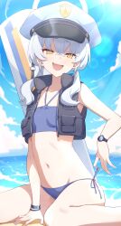 Rule 34 | 1girl, absurdres, bare legs, bikini, blue archive, blue bikini, blue sky, blush, bracelet, breasts, collarbone, crossed bangs, fang, feet out of frame, grey hair, groin, halo, hat, highres, jewelry, light rays, loi, looking at viewer, mesugaki, misyune, navel, outdoors, peaked cap, side-tie bikini bottom, sitting, skin fang, sky, small breasts, smile, smug, solo, stomach, swimsuit, twintails, valkyrie police academy student (blue archive), wariza, watch, wristwatch, yellow eyes