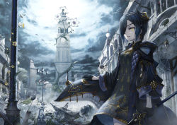 1girl black_gloves black_hair clock clock_tower cloud column earrings eyepatch fantasy flower gloves gold_trim grey_sky hair_over_one_eye highres holding holding_weapon jewelry lamppost long_sleeves looking_at_viewer original outdoors pillar rubble scenery sho_(sumika) short_hair sky solo standing tower weapon yellow_eyes