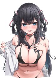 Rule 34 | 1girl, absurdres, aqua nails, bikini, black bikini, blue eyes, blush, breasts, collarbone, commentary request, fang, fingernails, hair ornament, hairclip, heart, heart hair ornament, highres, large breasts, long hair, looking at viewer, multicolored hair, nail polish, navel, nekoya minamo, open clothes, open mouth, open shirt, original, pink hair, shirt, simple background, skin fang, smile, solo, swimsuit, teeth, two-tone hair, white background, white shirt