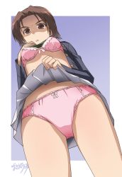 Rule 34 | 1girl, blue background, blush, boots, border, bra, breasts, brown eyes, brown hair, cross-laced footwear, from below, frown, girls und panzer, highres, lace-up boots, military, military uniform, ooarai military uniform, osamada meika, panties, parted bangs, pink bra, pink panties, sawa azusa, short hair, simple background, small breasts, solo, sopen mouth, underwear, uniform, white border