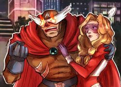 Rule 34 | ..., 1boy, 1girl, 2015, belt, blonde hair, blush, brooch, cape, cityscape, clenched hand, f-zero, fire, gloves, hand on another&#039;s chest, husband and wife, jewelry, mask, monique l&#039;amoreaux, muscular, nintendo, open mouth, pink-tinted eyewear, red lips, super arrow, superhero costume, sweatdrop, tinted eyewear, visor