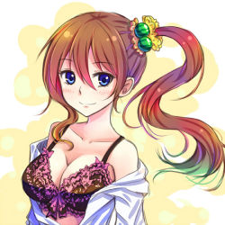 Rule 34 | 1girl, blue eyes, blush, bow, bra, breasts, brown hair, cleavage, collarbone, female focus, food, fruit, hair ornament, large breasts, long hair, looking at viewer, off shoulder, open clothes, open shirt, original, shirt, side ponytail, smile, solo, suikakitsu shiro, underwear, watermelon, xia you qing