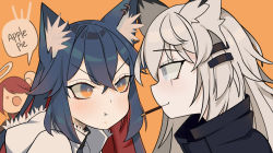 Rule 34 | 3girls, :d, :o, animal ear fluff, animal ears, arknights, arm up, black jacket, blue hair, blush, catchphrase, chibi, clenched hand, collar, collared jacket, commentary, earrings, english commentary, english text, exusiai (arknights), eye contact, food, food in mouth, from side, fur collar, fur trim, grey eyes, hair between eyes, hair ornament, hair over one eye, hairclip, halo, hood, hood down, hooded jacket, jacket, jewelry, lappland (arknights), long hair, looking at another, multicolored hair, multiple girls, nyawurin, official alternate costume, open mouth, orange background, orange eyes, pocky, portrait, pout, red hair, scar, scar across eye, scar on face, short hair, silver hair, smile, speech bubble, texas (arknights), texas (winter messenger) (arknights), two-tone hair, white jacket, wolf ears, yuri